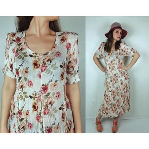 vintage 90s Cream GRUNGE Pink Roses Print MAXI DRESS Medium floral print boho